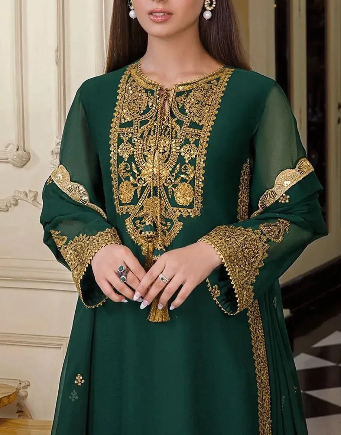 Elegant Embroidered Green Chiffon Party Dress - Out of Stock