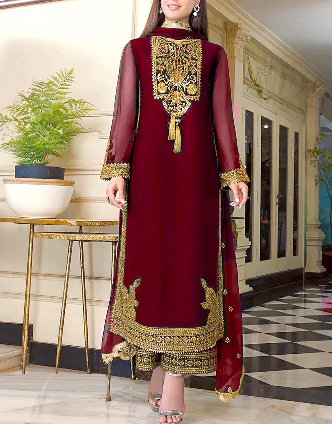 Elegant Embroidered Maroon Chiffon Party Dress 