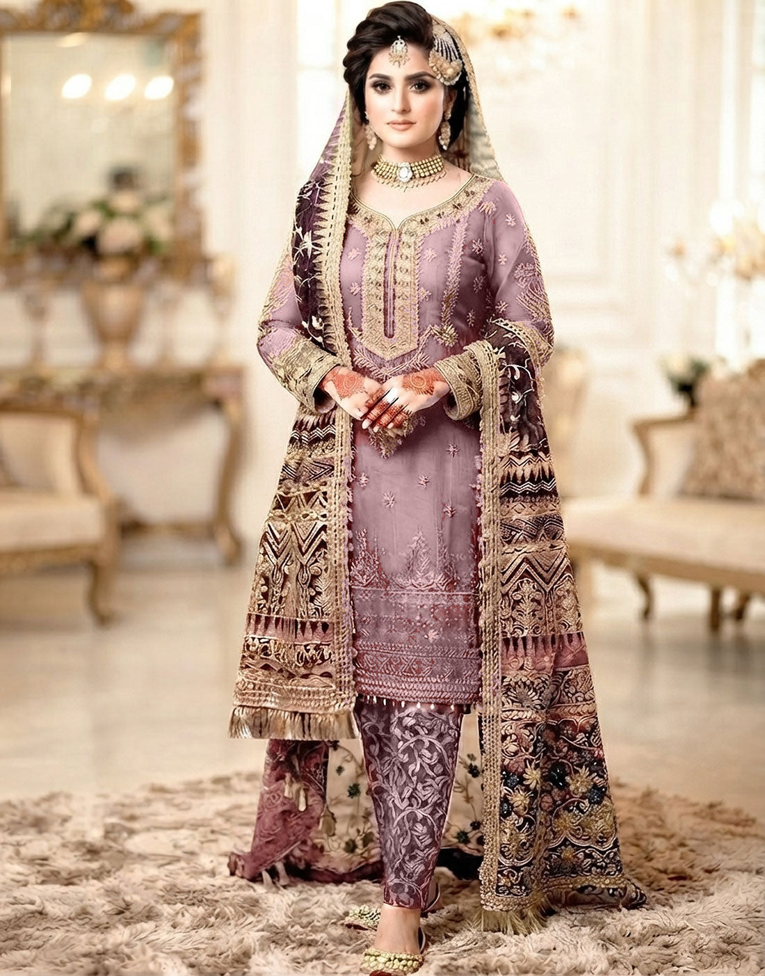 Luxury Embroidered and Hand Embellished Net Wedding Dress with Emb. Net Shawl