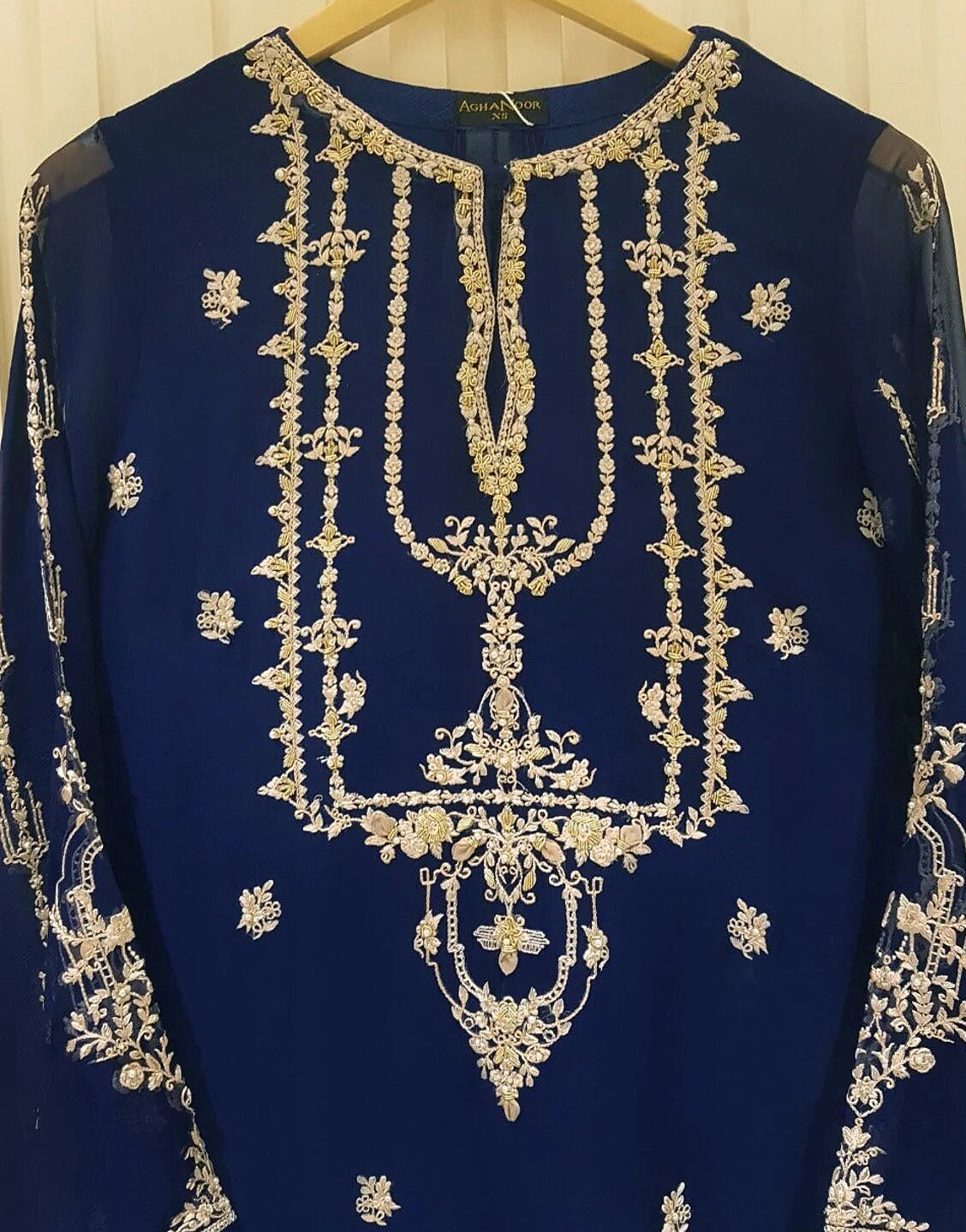 Handwork Heavy Embroidered Navy Blue Chiffon Wedding Dress - Out of Stock