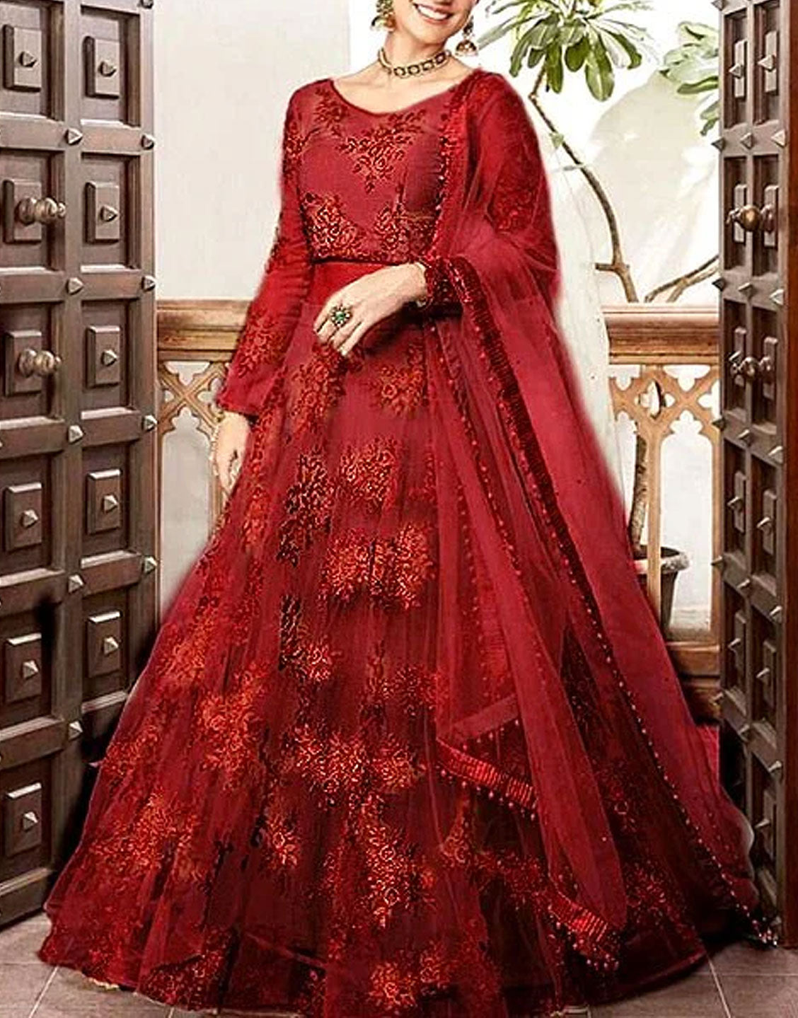 Handwork Heavy Embroidered Maroon Net Lehenga Dress