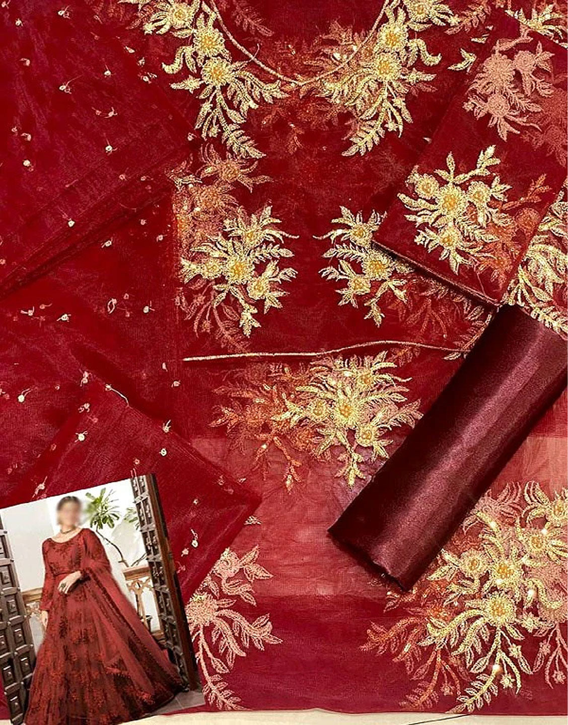 Handwork Heavy Embroidered Maroon Net Lehenga Dress - Out of Stock