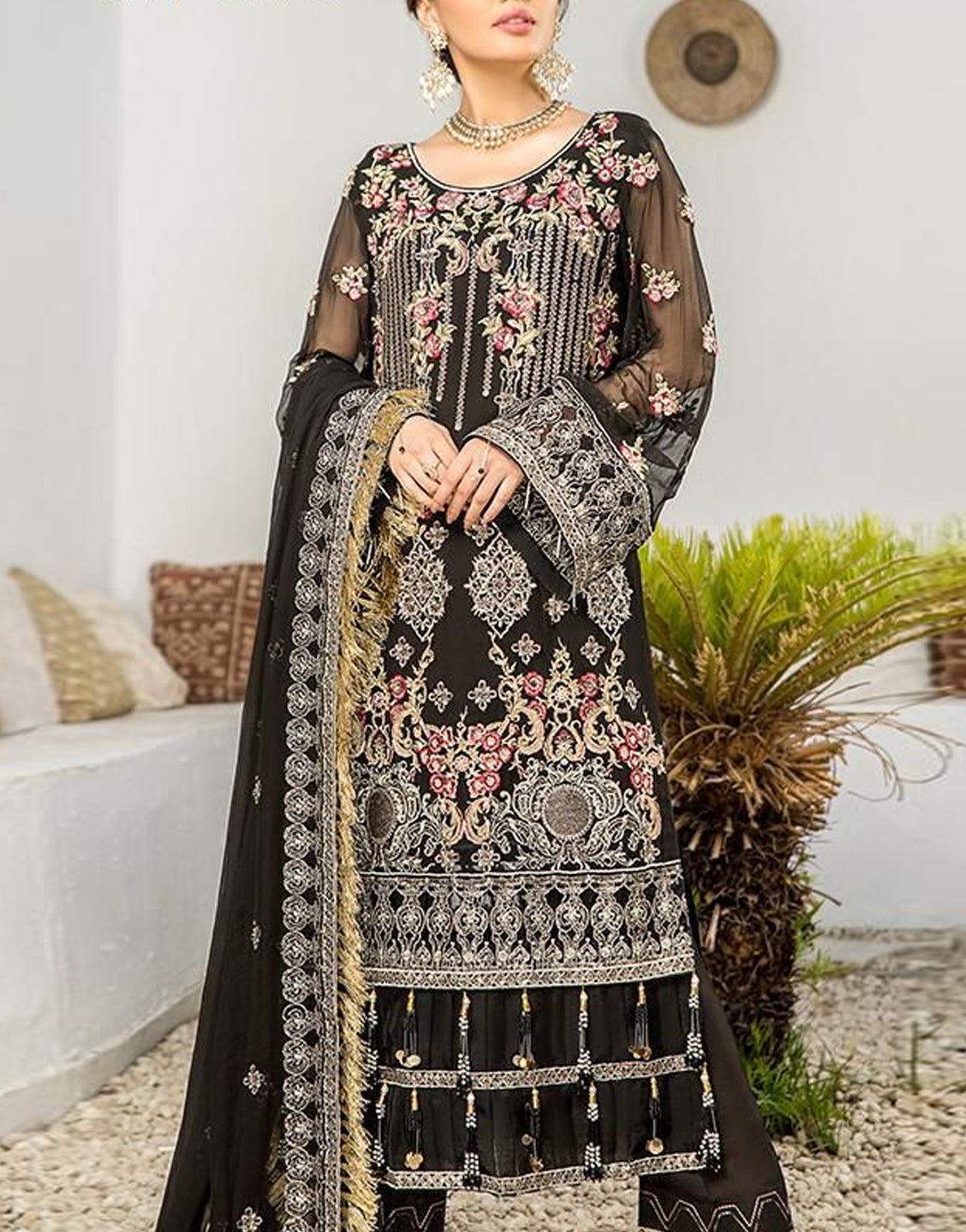 Heavy Embroidered Black Chiffon Wedding Dress 