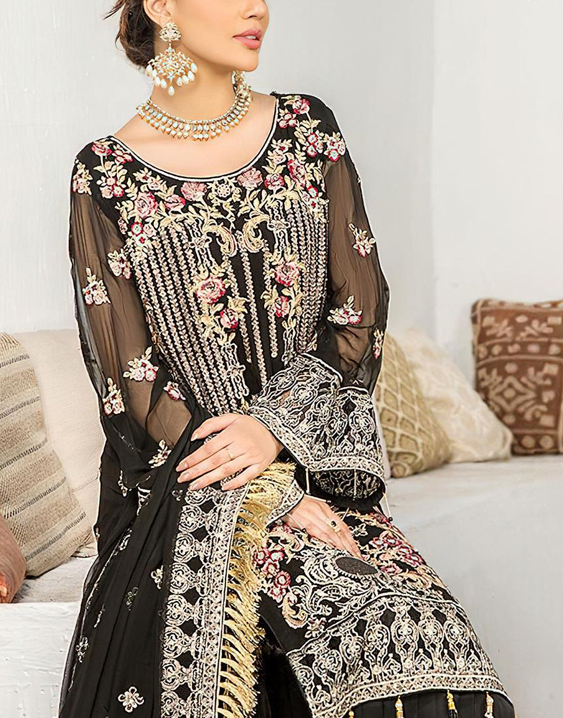 Heavy Embroidered Black Chiffon Wedding Dress