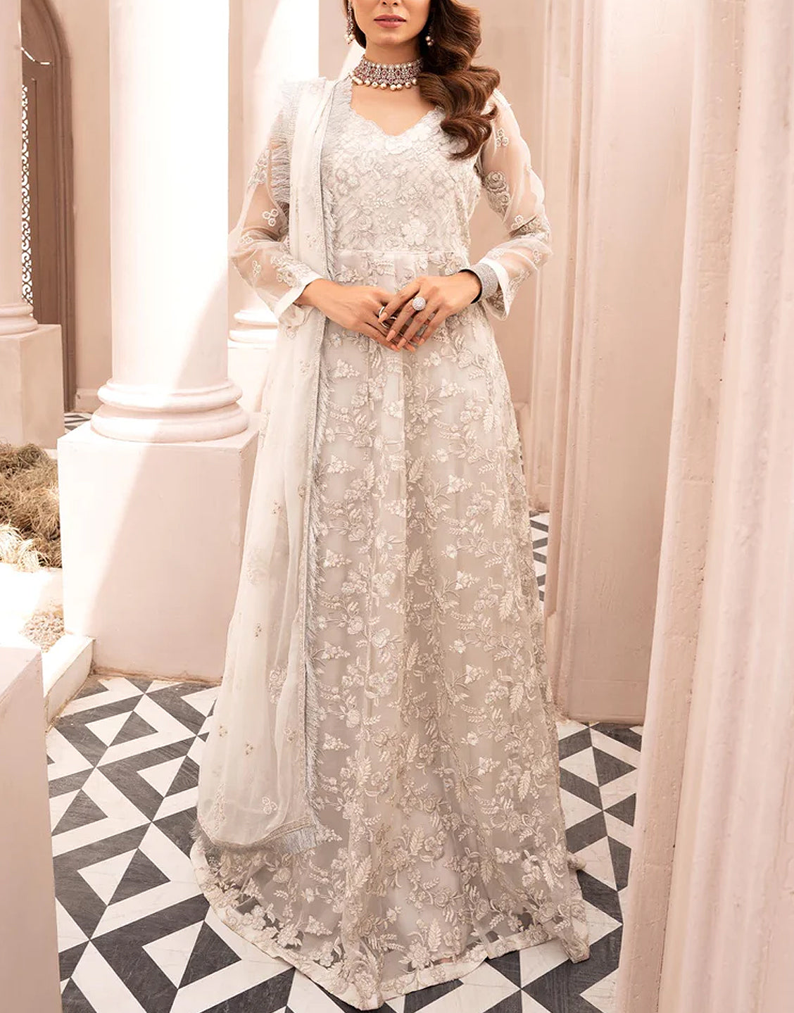 Elegant Heavy Embroidered White Chiffon Wedding Dress 