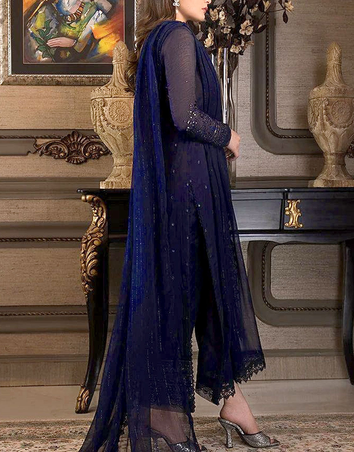 Decent Embroidered Navy Blue Chiffon Party Wear Dress