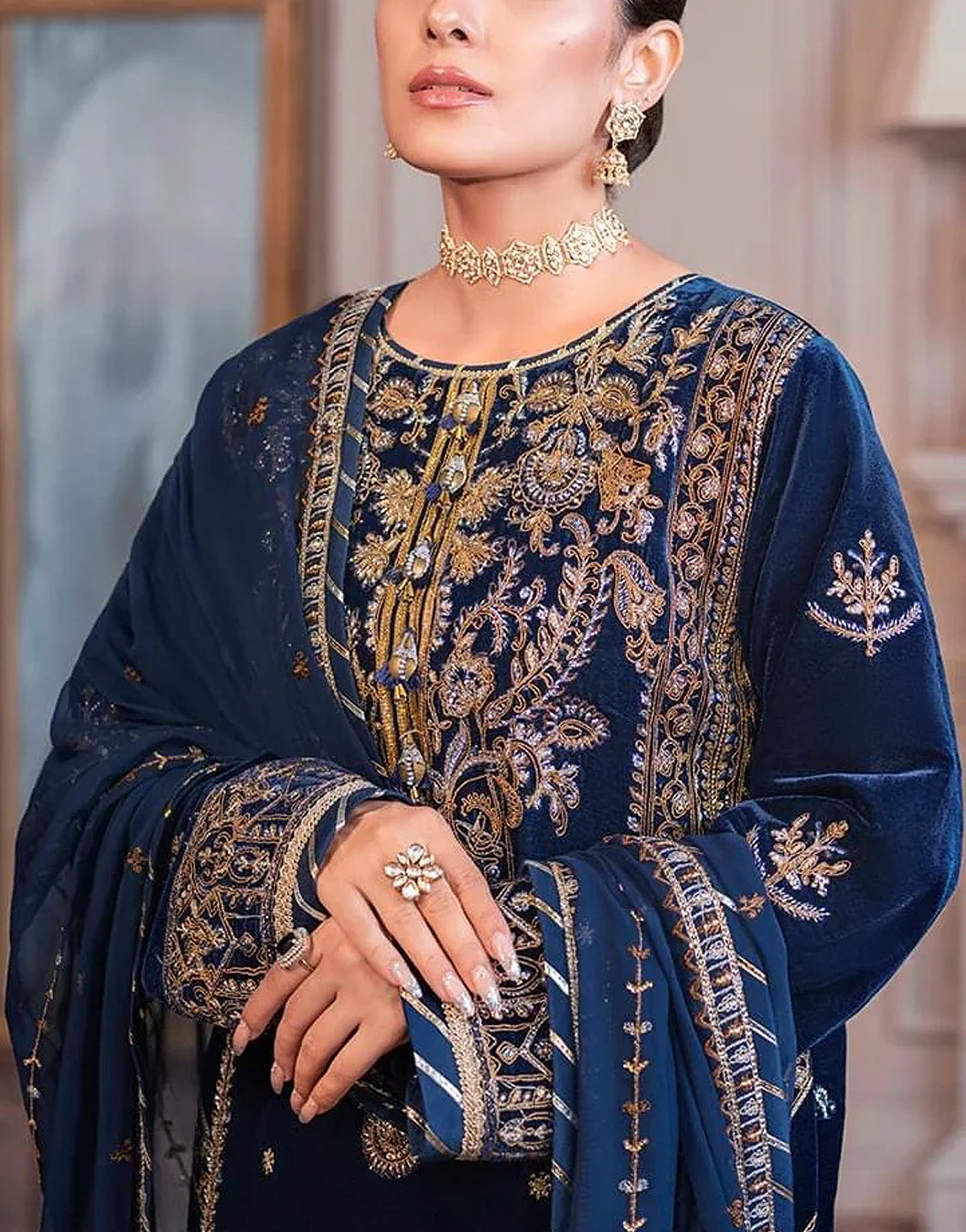 Luxury Embroidered Navy Blue Velvet Wedding Dress - Out of Stock