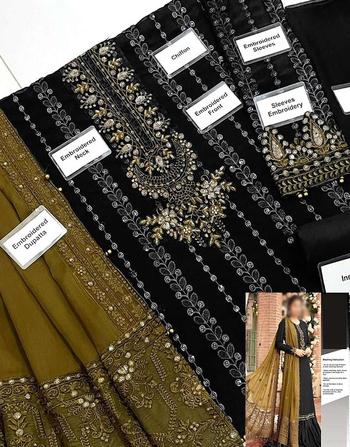 Heavy Embroidered Black Chiffon Wedding Dress - Out of Stock