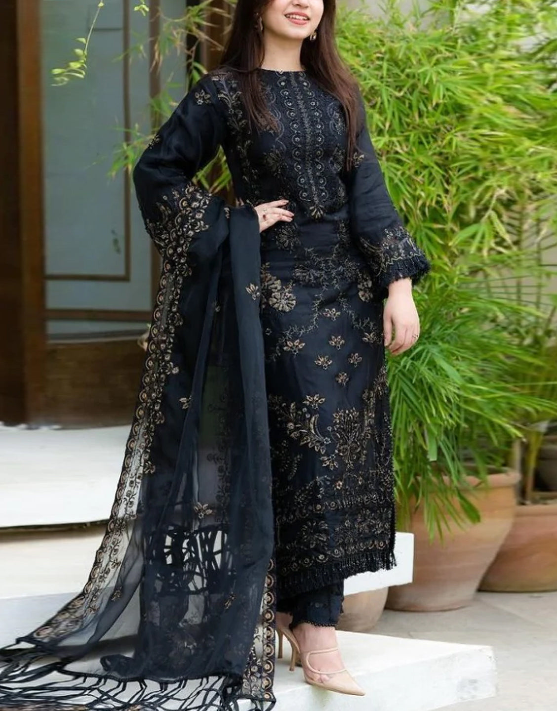 Luxury Embroidered Cotton Dress  with Bamber Chiffon Dupatta