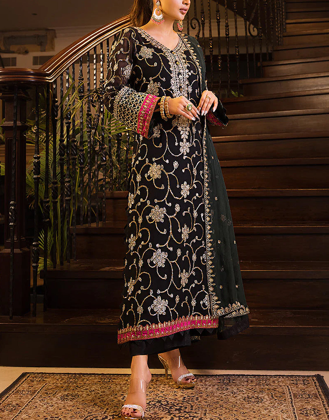 Heavy Embroidered Black Chiffon Wedding Dress 