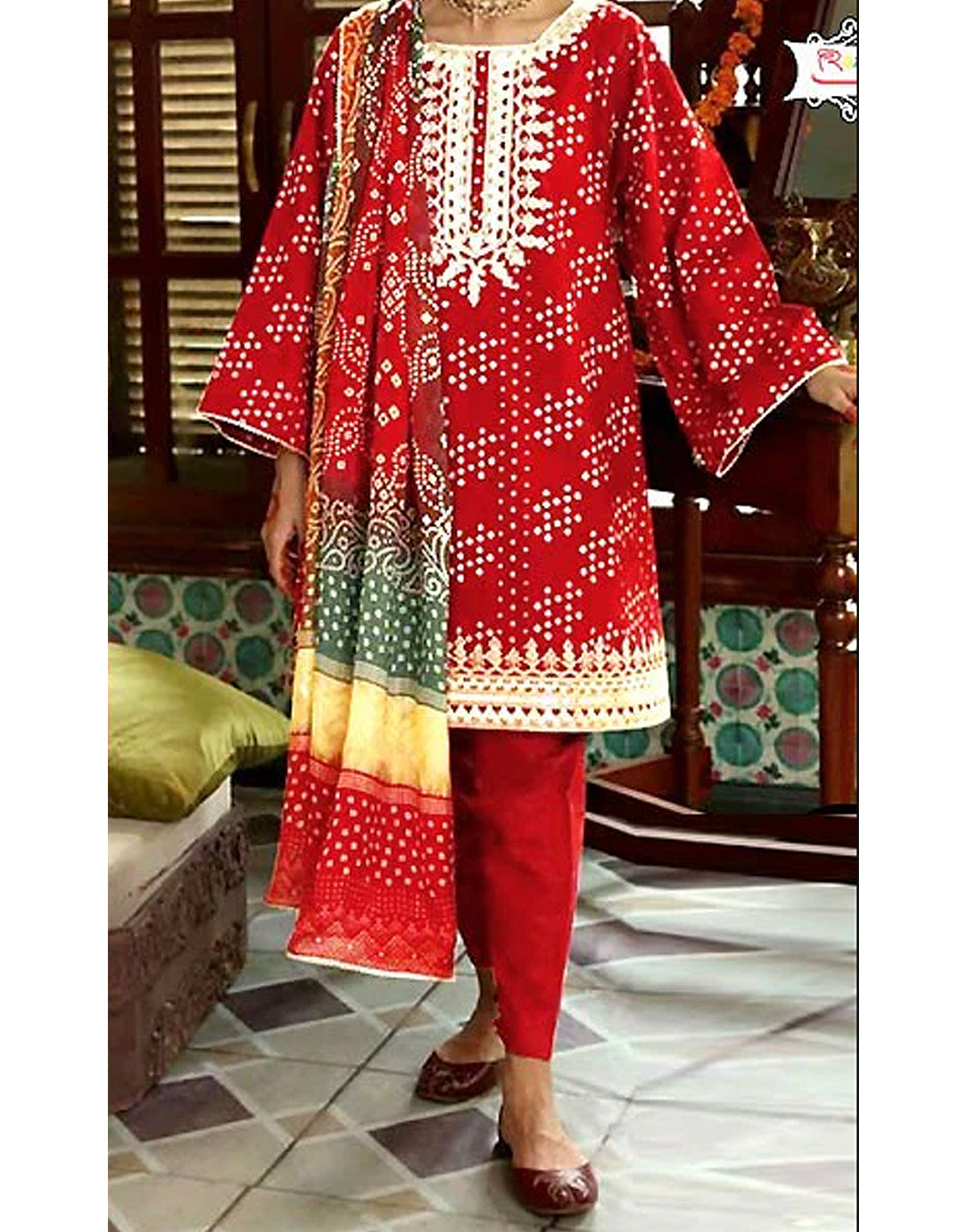Embroidered Chunri Print Lawn Dress 2023 with Chiffon Dupatta
