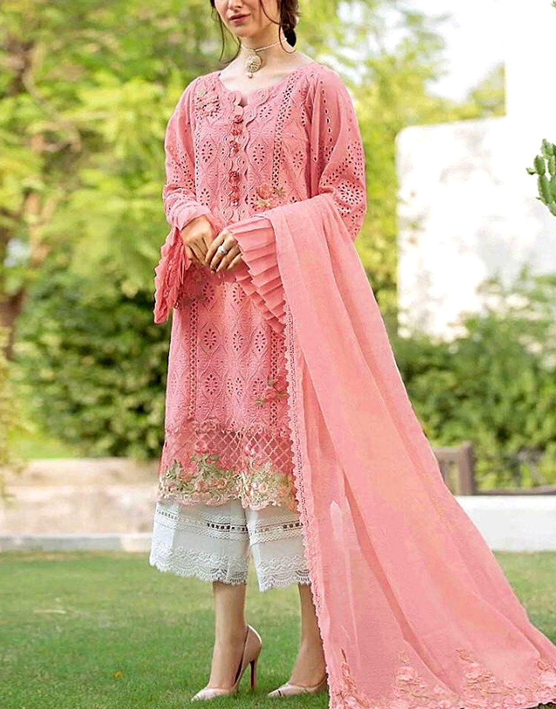 Luxury Schiffli Embroidered Lawn Dress with Embroidered Chiffon Dupatta