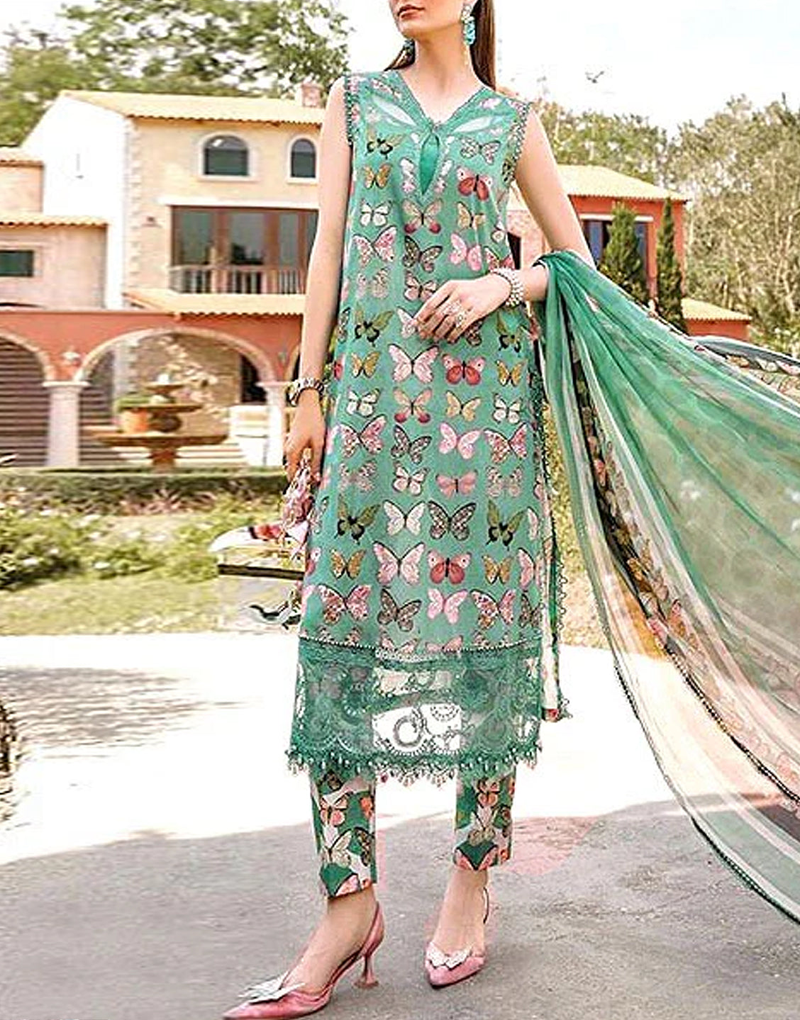 Trendy Butterfly Print Embroidered Lawn Dress 2024 with Diamond Lawn Dupatta