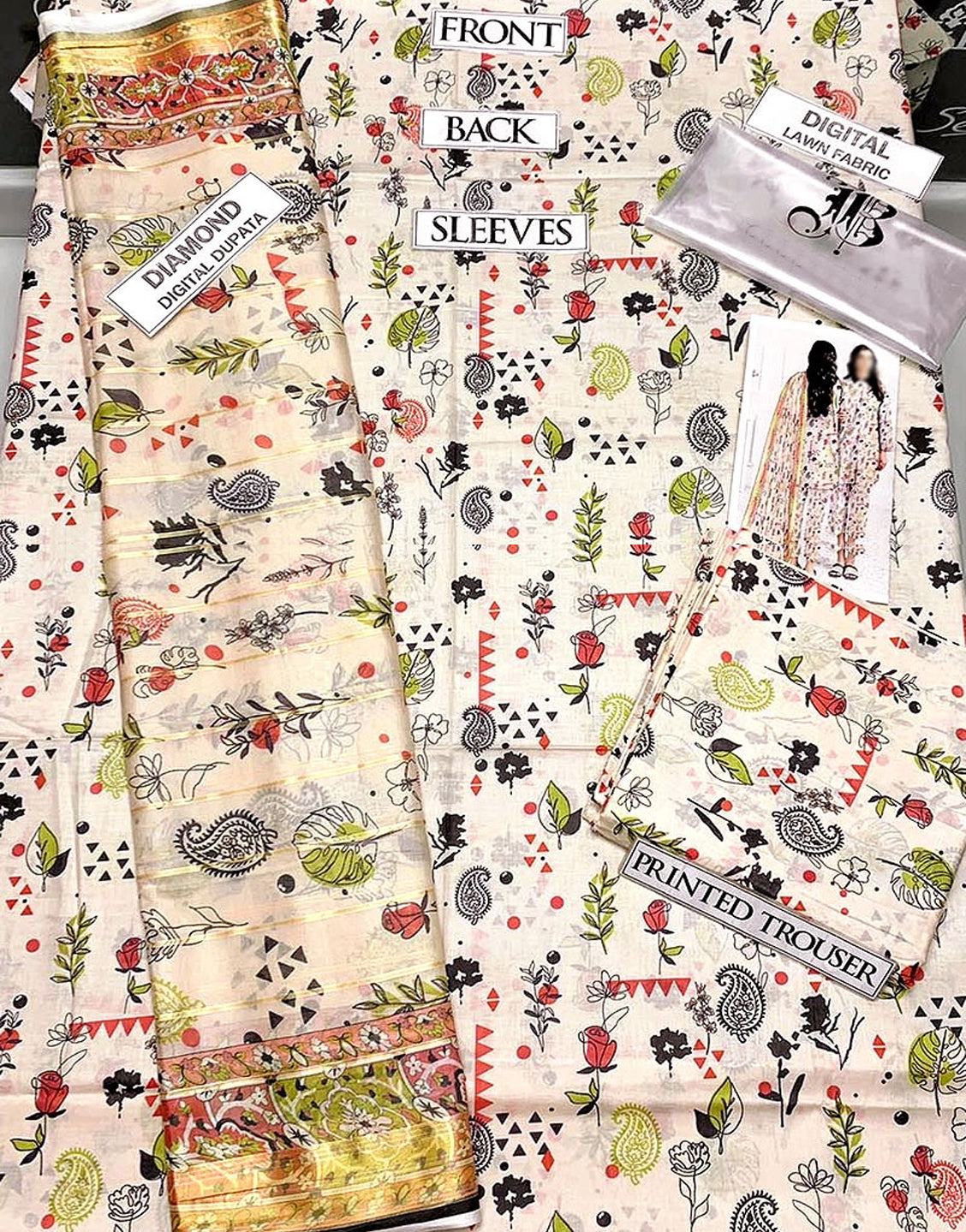 Digital All-Over Print Lawn Dress with Diamond Dupatta