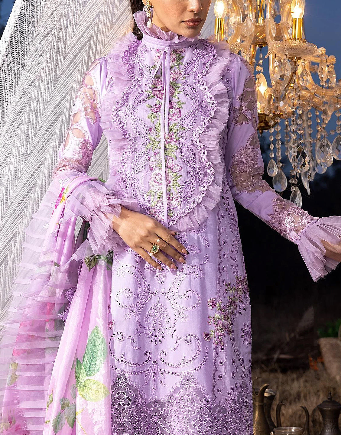 Luxury Schiffli Embroidered Lawn Dress with Digital Print Silk Dupatta - Out of Stock