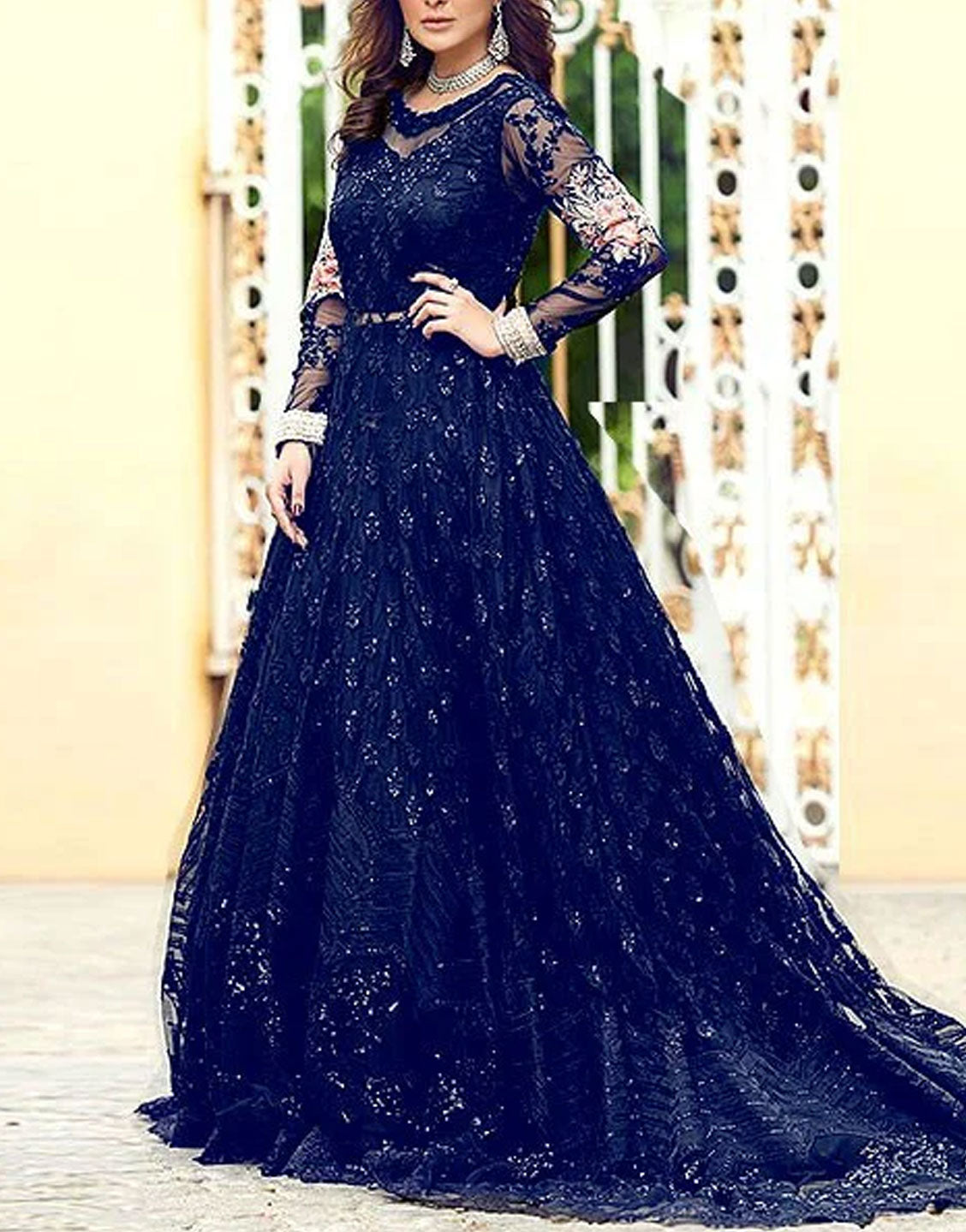 Handwork Heavy Embroidered Navy Blue Net Bridal Maxi Dress 2023
