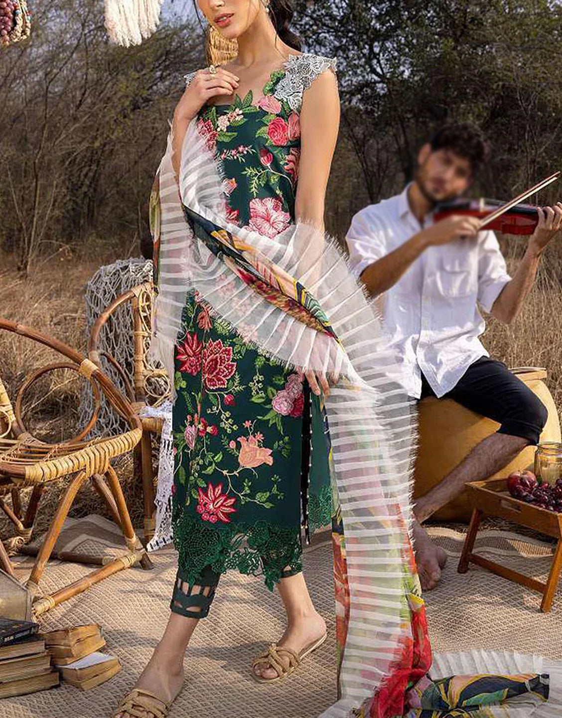 Luxury Heavy Embroidered Lawn Dress with Digital Print Silk Dupatta - Out of Stock