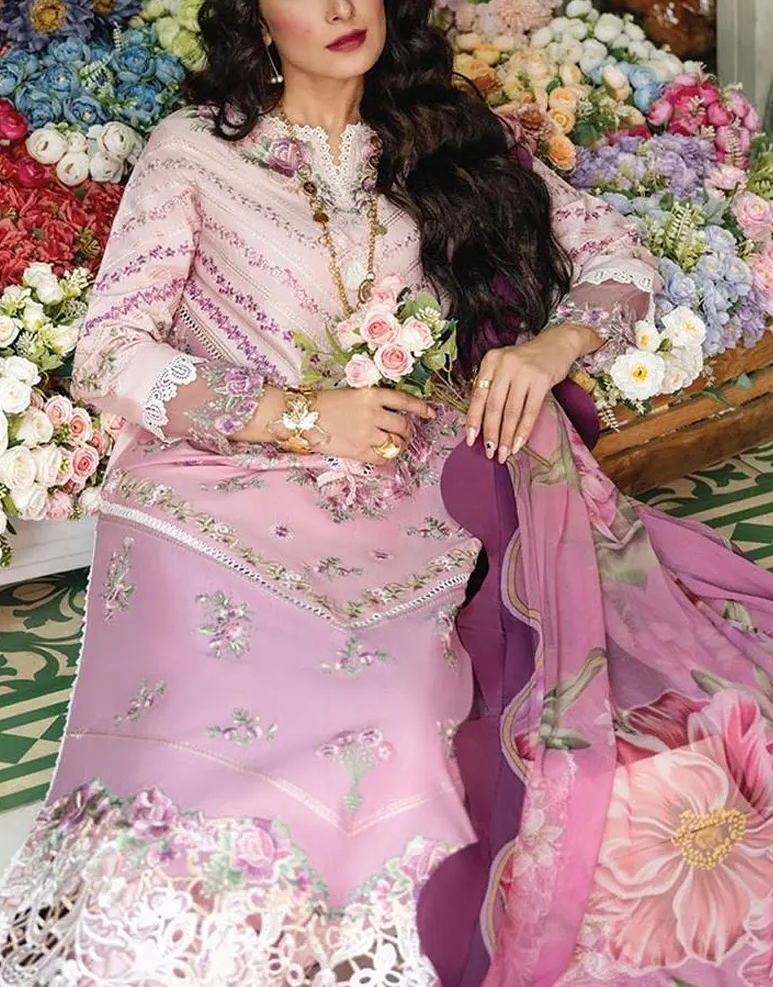Luxury Heavy Embroidered Lawn Dress with Digital Print Silk Dupatta - Out of Stock