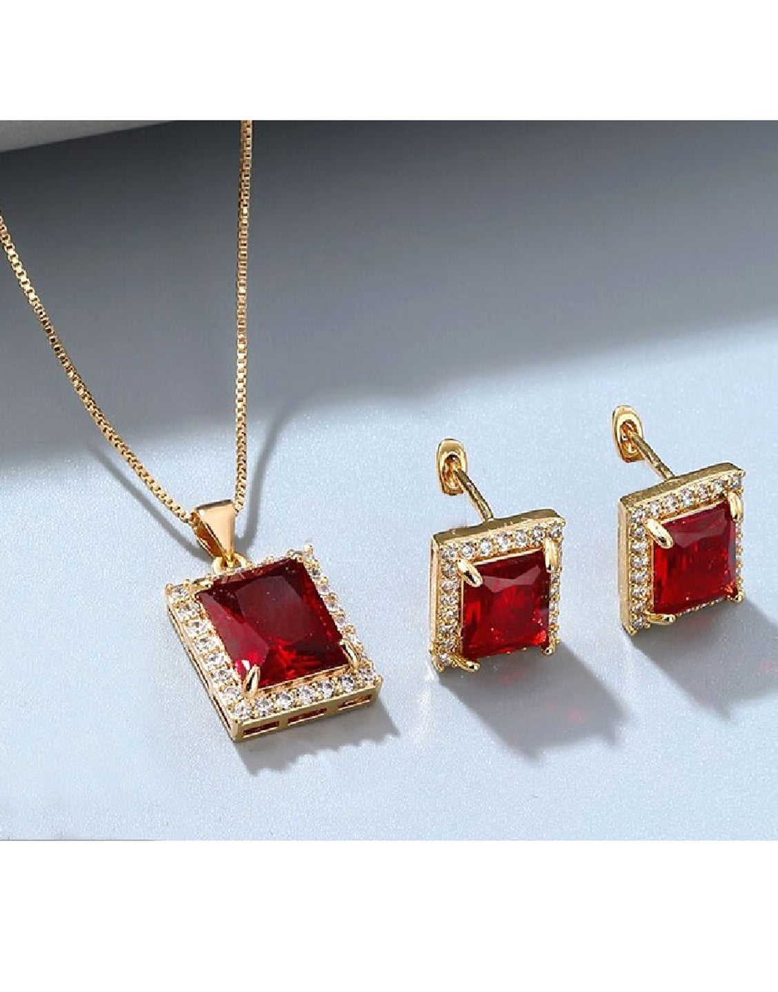 Square Shape Red Faux Ruby Pendant Necklace Set