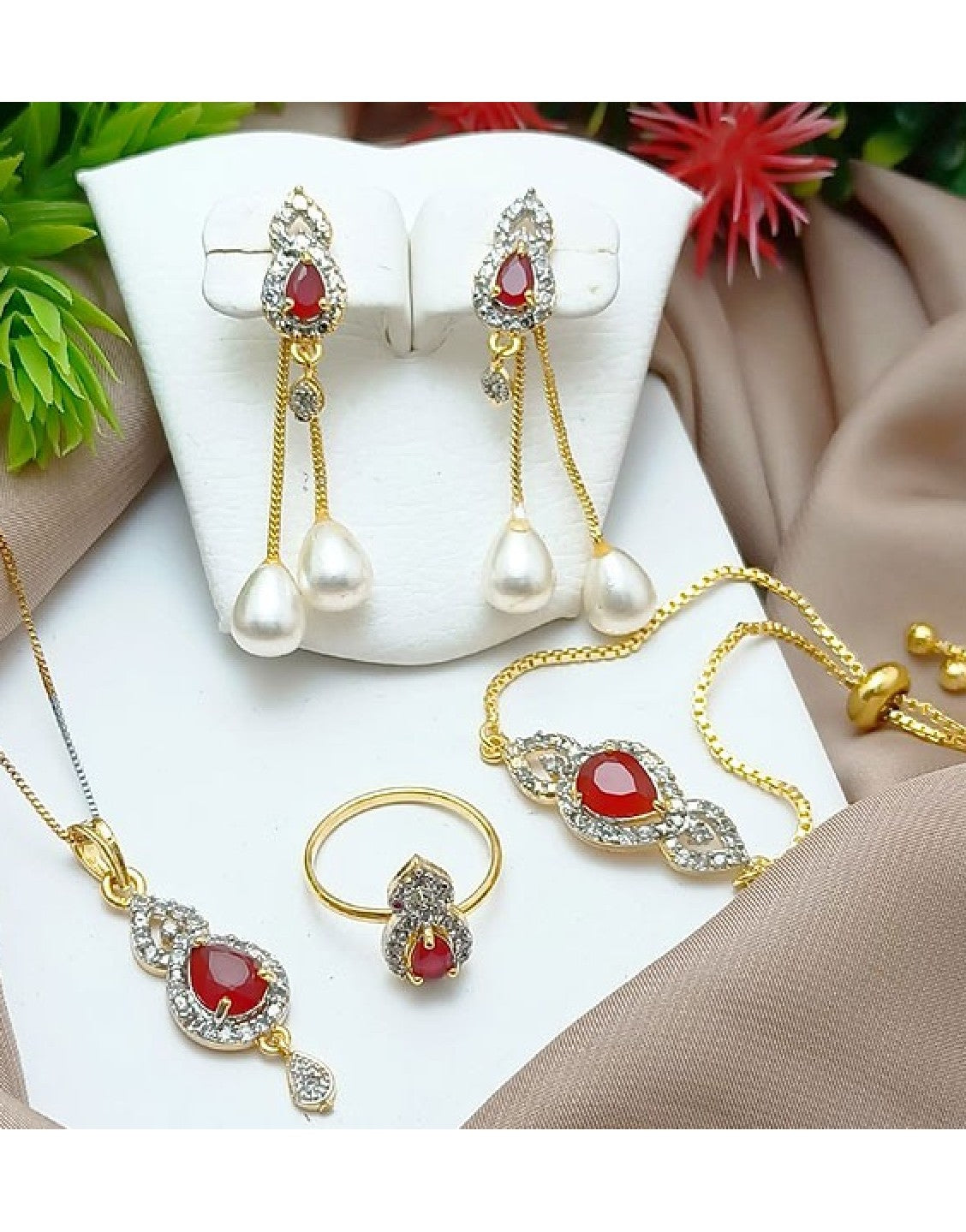 AD Zircon Combo Jewelry Set with Adjustable Bracelet & Ring