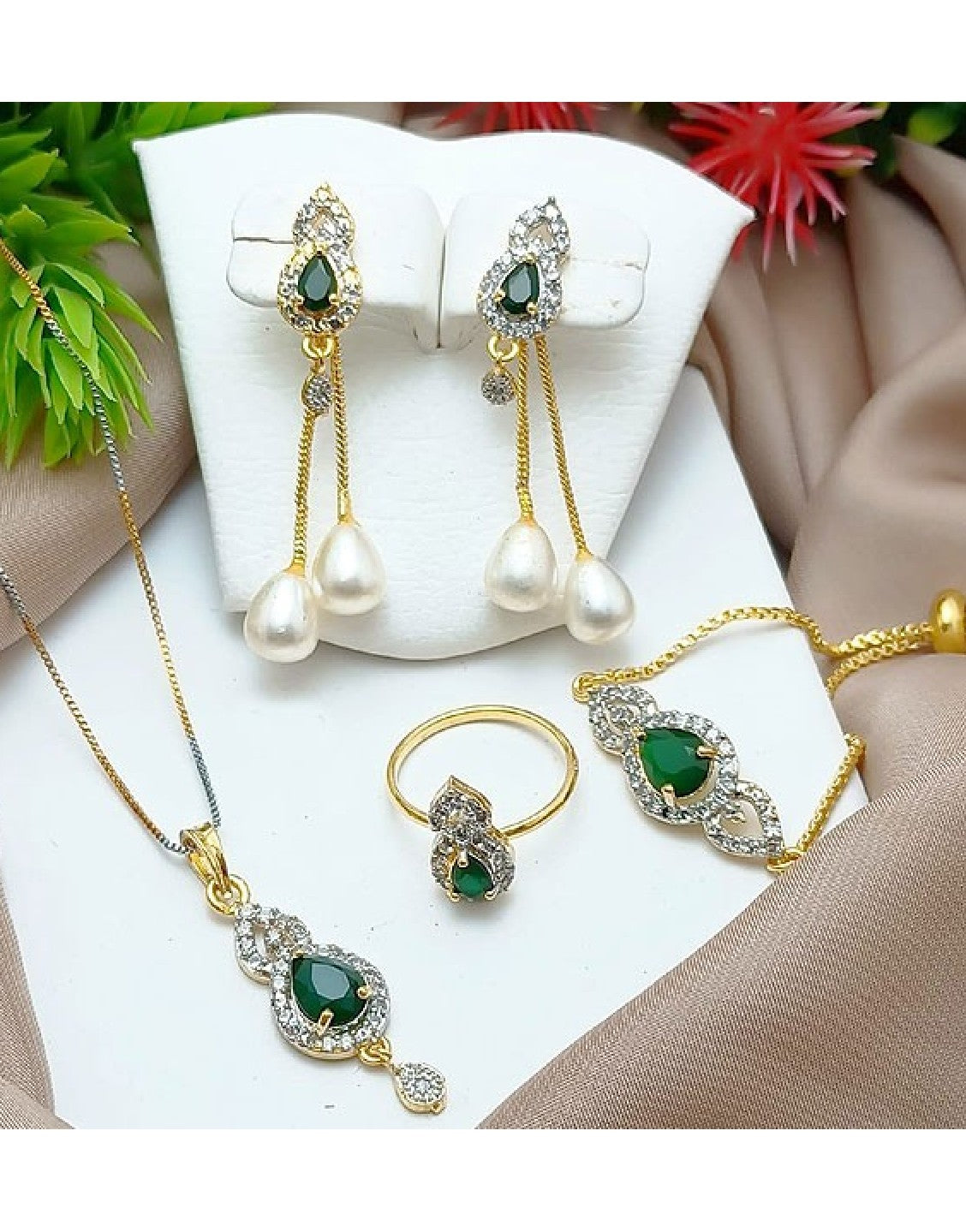 AD Zircon Combo Jewelry Set with Adjustable Bracelet & Ring