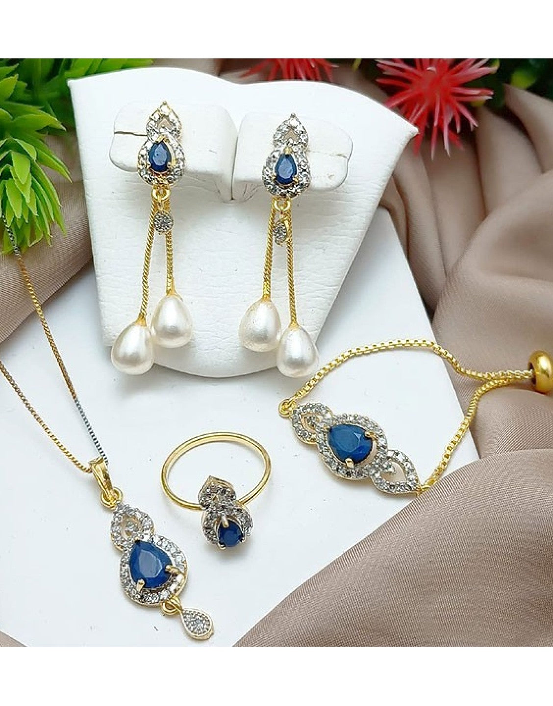 AD Zircon Combo Jewelry Set with Adjustable Bracelet & Ring