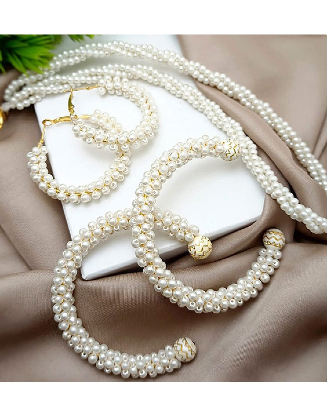Elegant Faux Pearl Mala Set with Pearl Kangan & Earrings