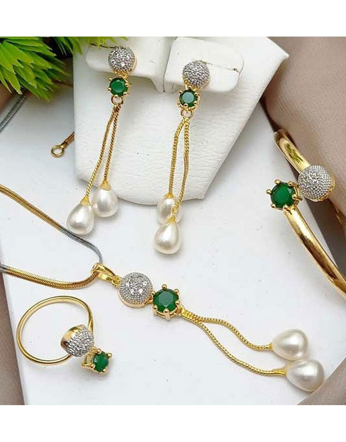 AD Zircon Necklace Set with Adjustable Bracelet & Ring