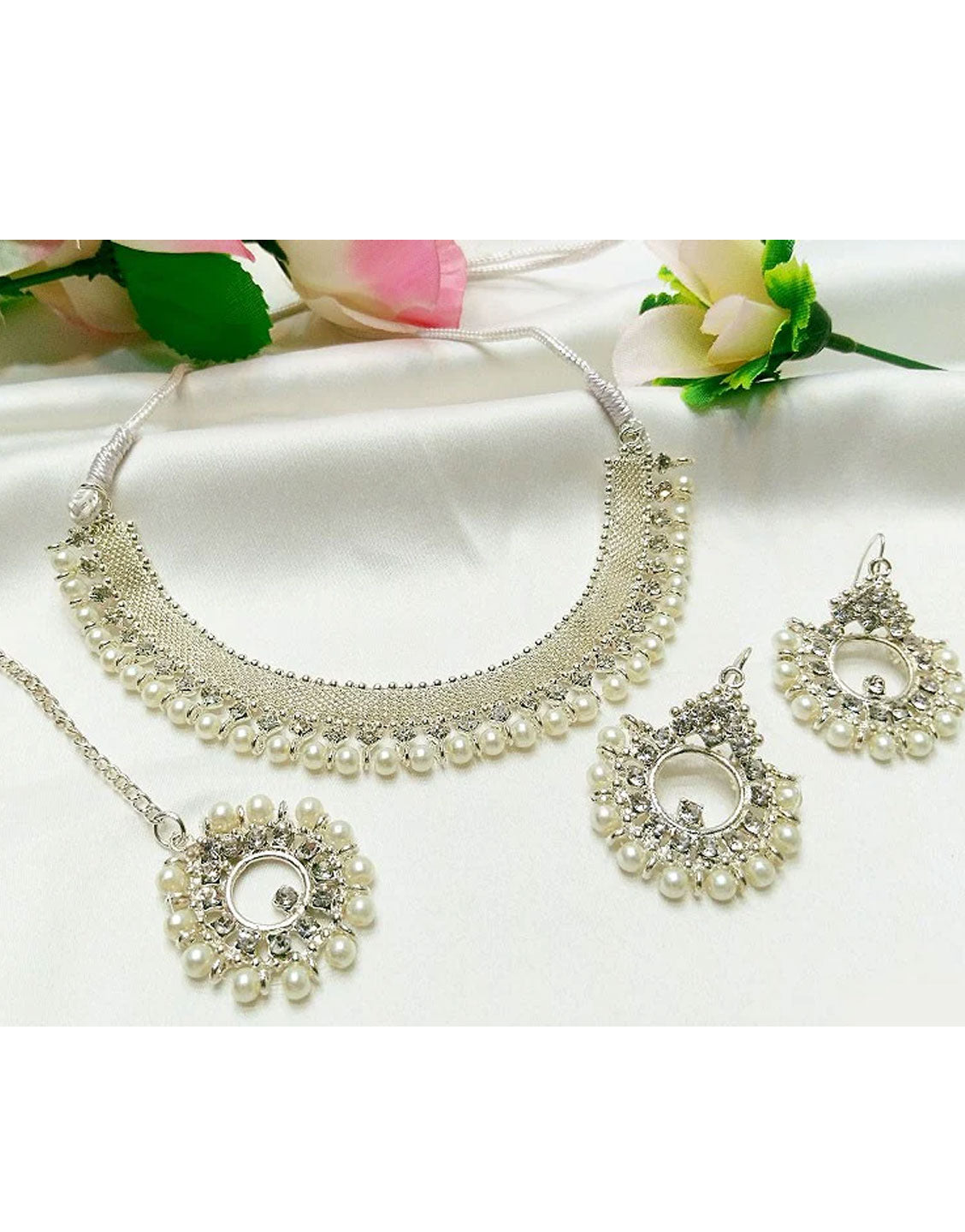 Elegant Pearl Silver Jewelry Set with Earrings & Tikka