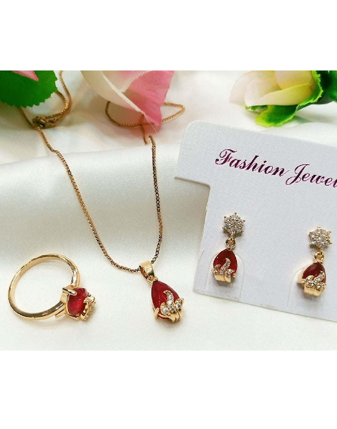 Beautiful Faux Ruby Necklace, Earrings & Ring Jewelry Set of Your Color Choice