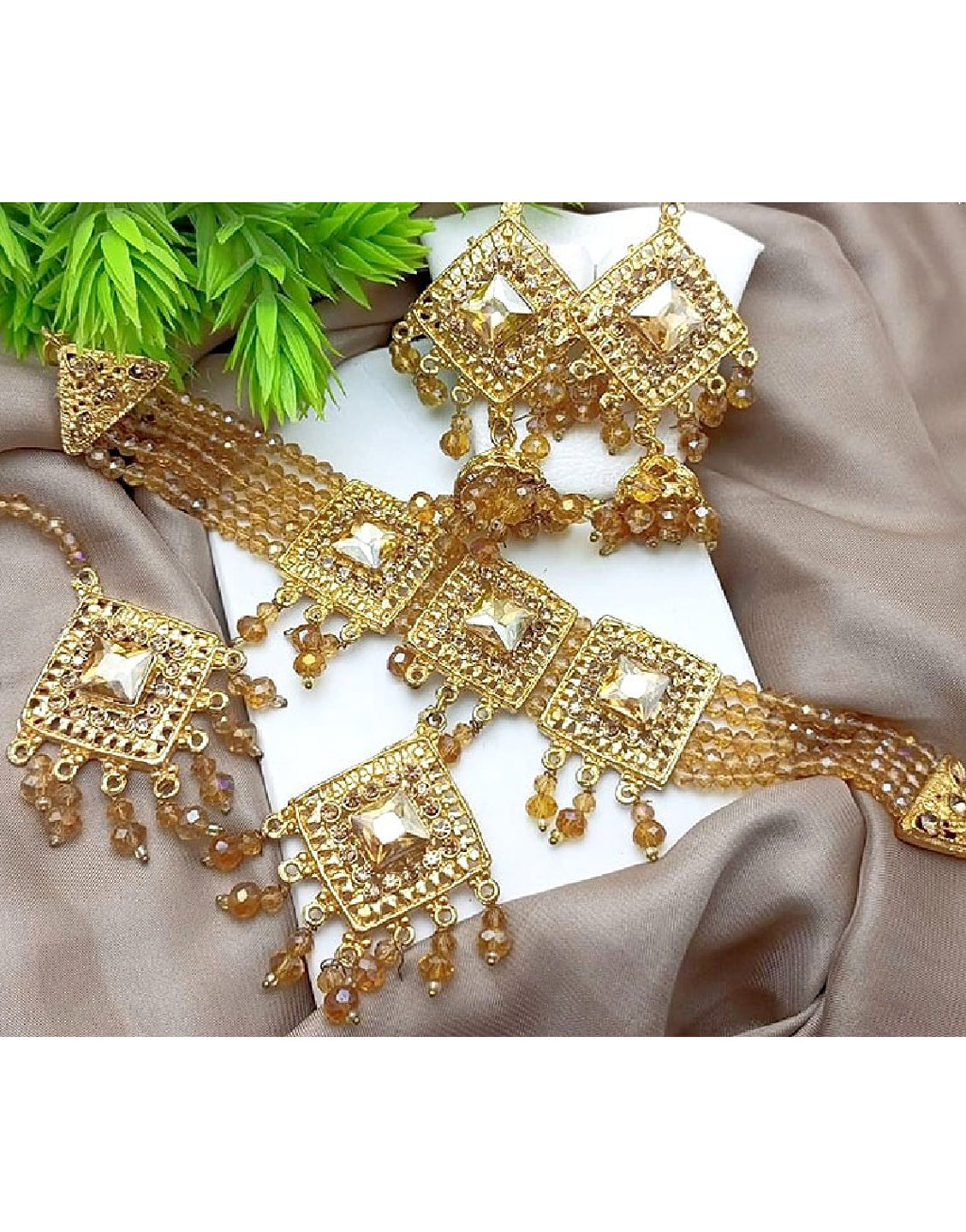 Stylish Champagne Stones Choker Set with Earrings & Teeka