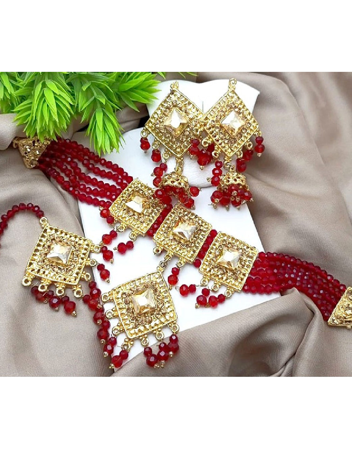 Stylish Red Stones Choker Set with Earrings & Teeka