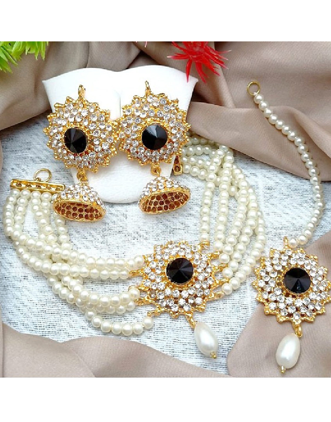 Elegant Pearl Choker Set with Jhumka Earrings & Teeka