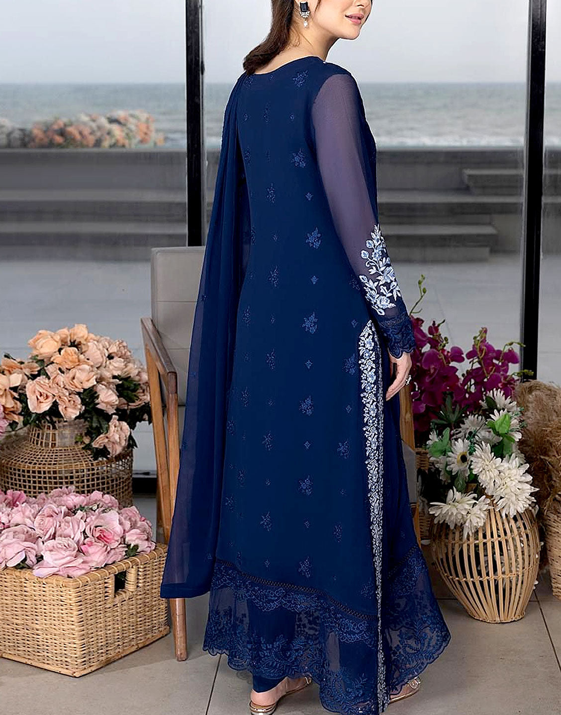 Elegant Embroidered Navy Blue Chiffon Party Wear Dress