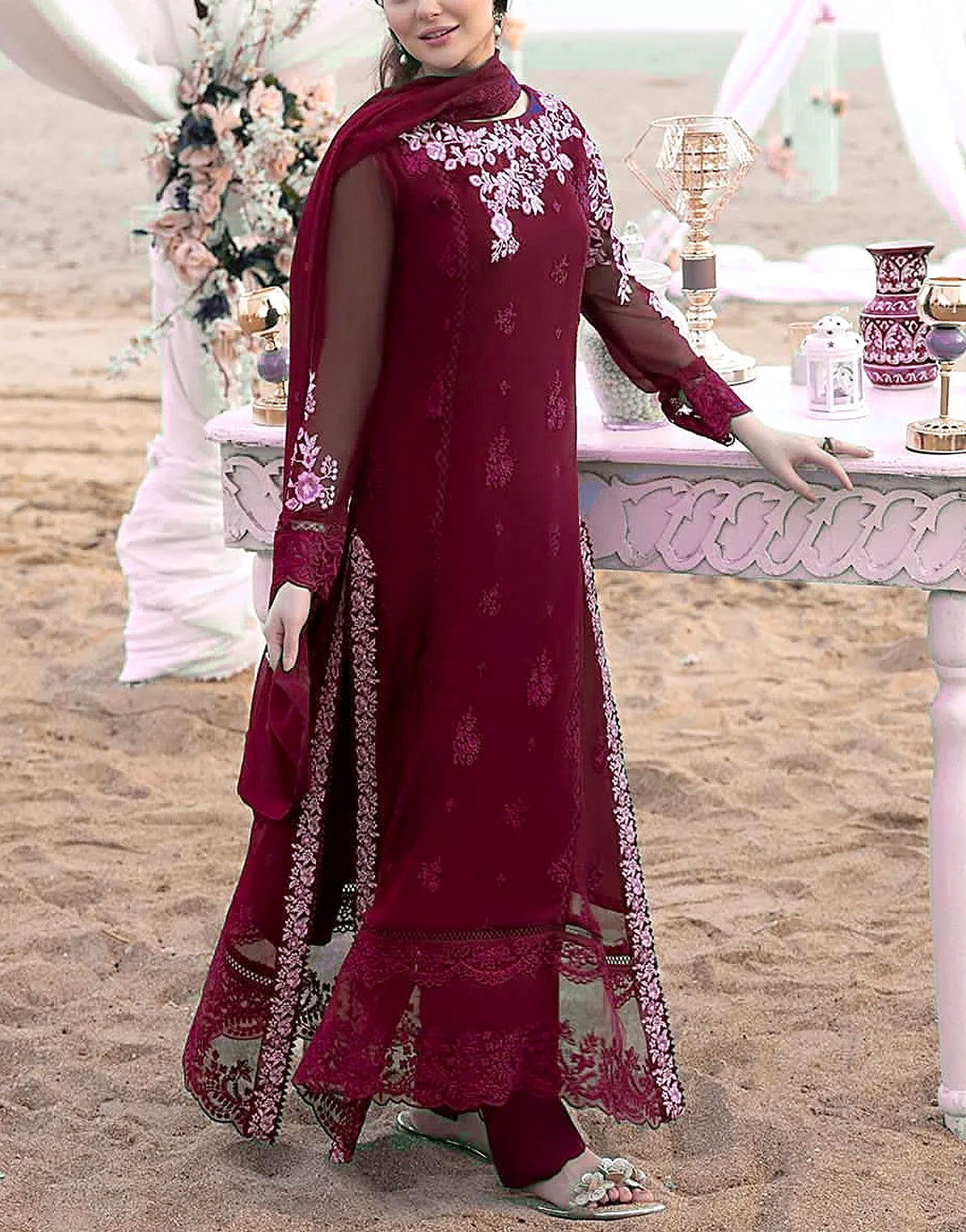 Elegant Embroidered Maroon Chiffon Party Wear Dress 