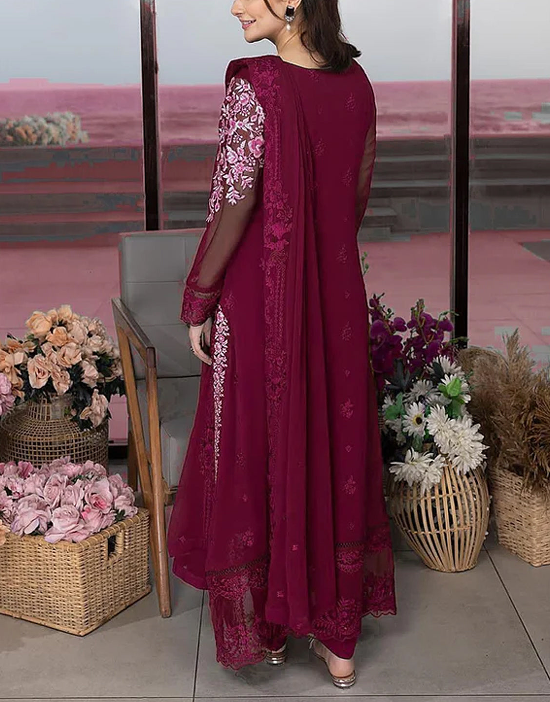 Elegant Embroidered Maroon Chiffon Party Wear Dress