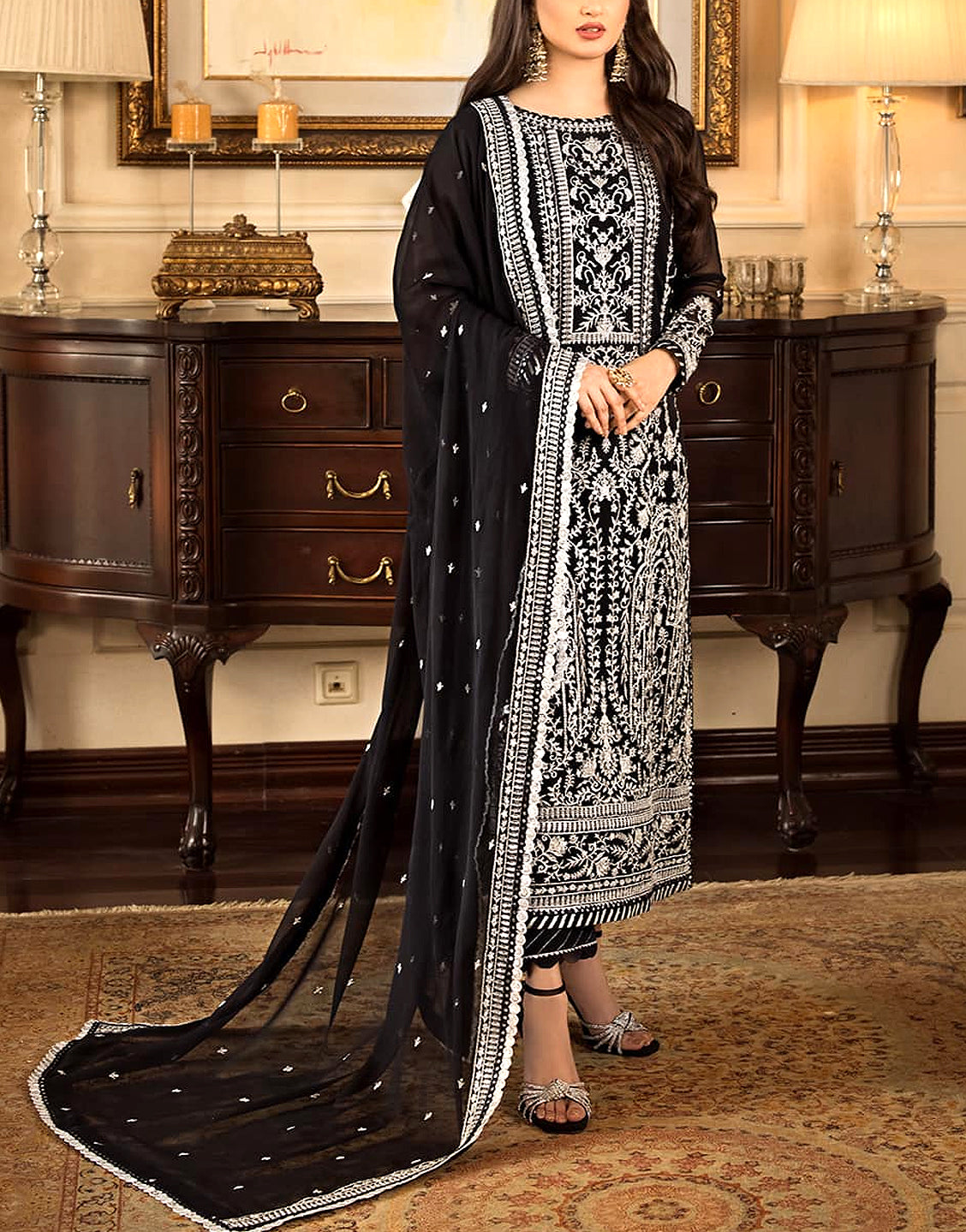 Heavy Embroidered Black Chiffon Wedding Dress 