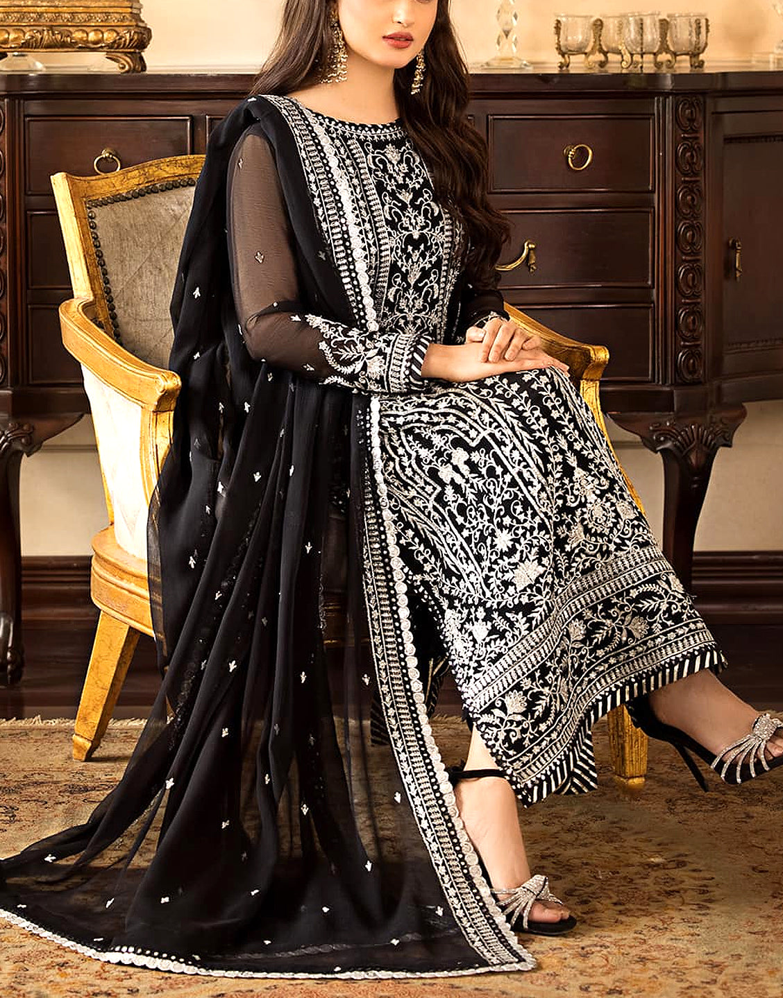 Heavy Embroidered Black Chiffon Wedding Dress