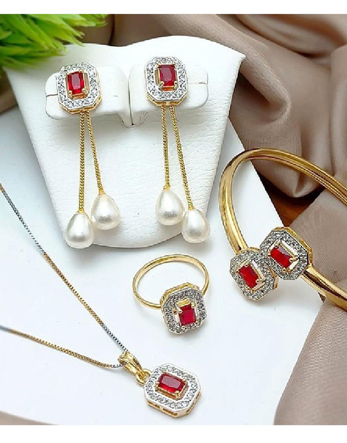 Adorable AD Zircon Necklace Set with Adjustable Bracelet & Ring