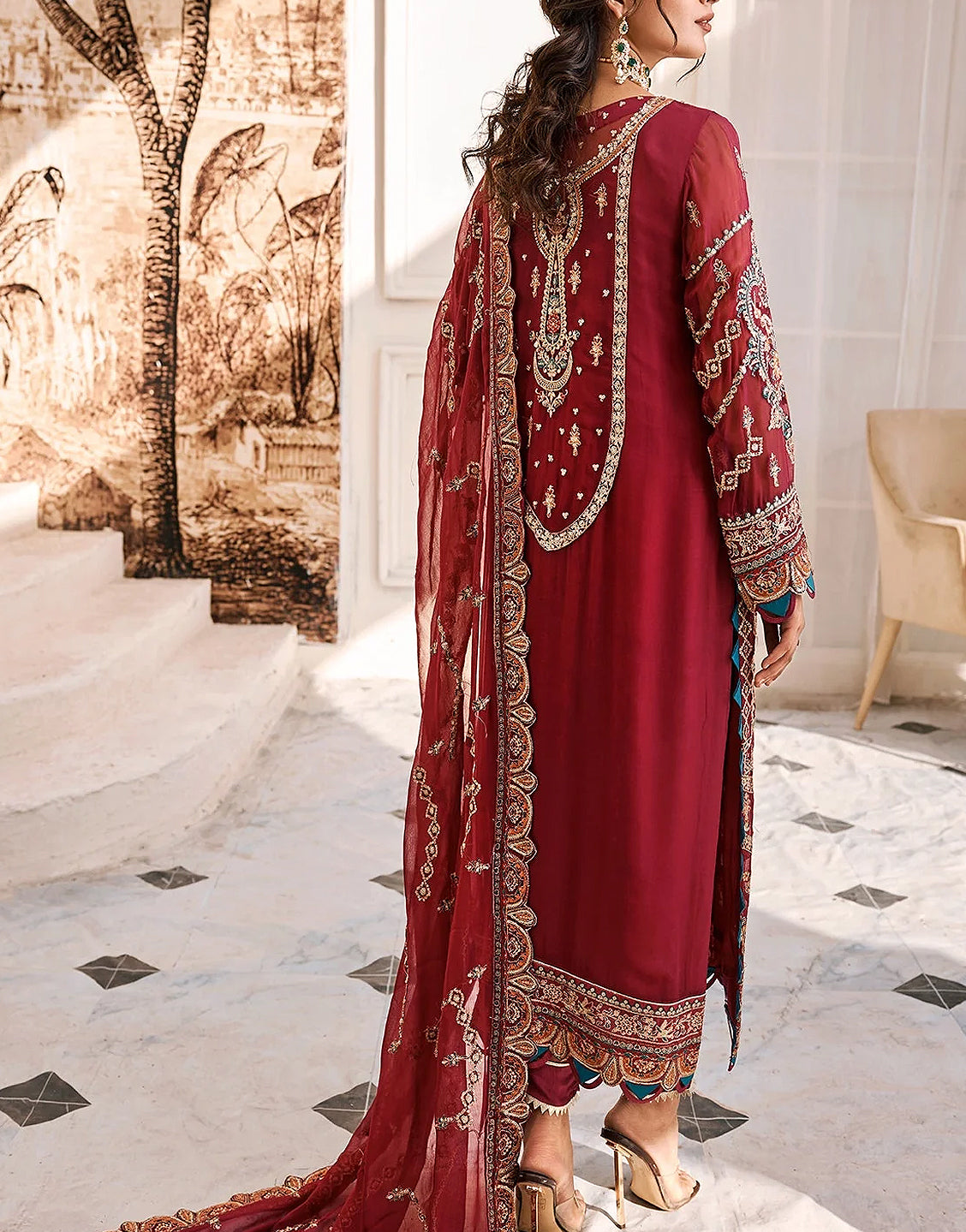 Luxury Heavy Embroidered Chiffon Wedding Dress