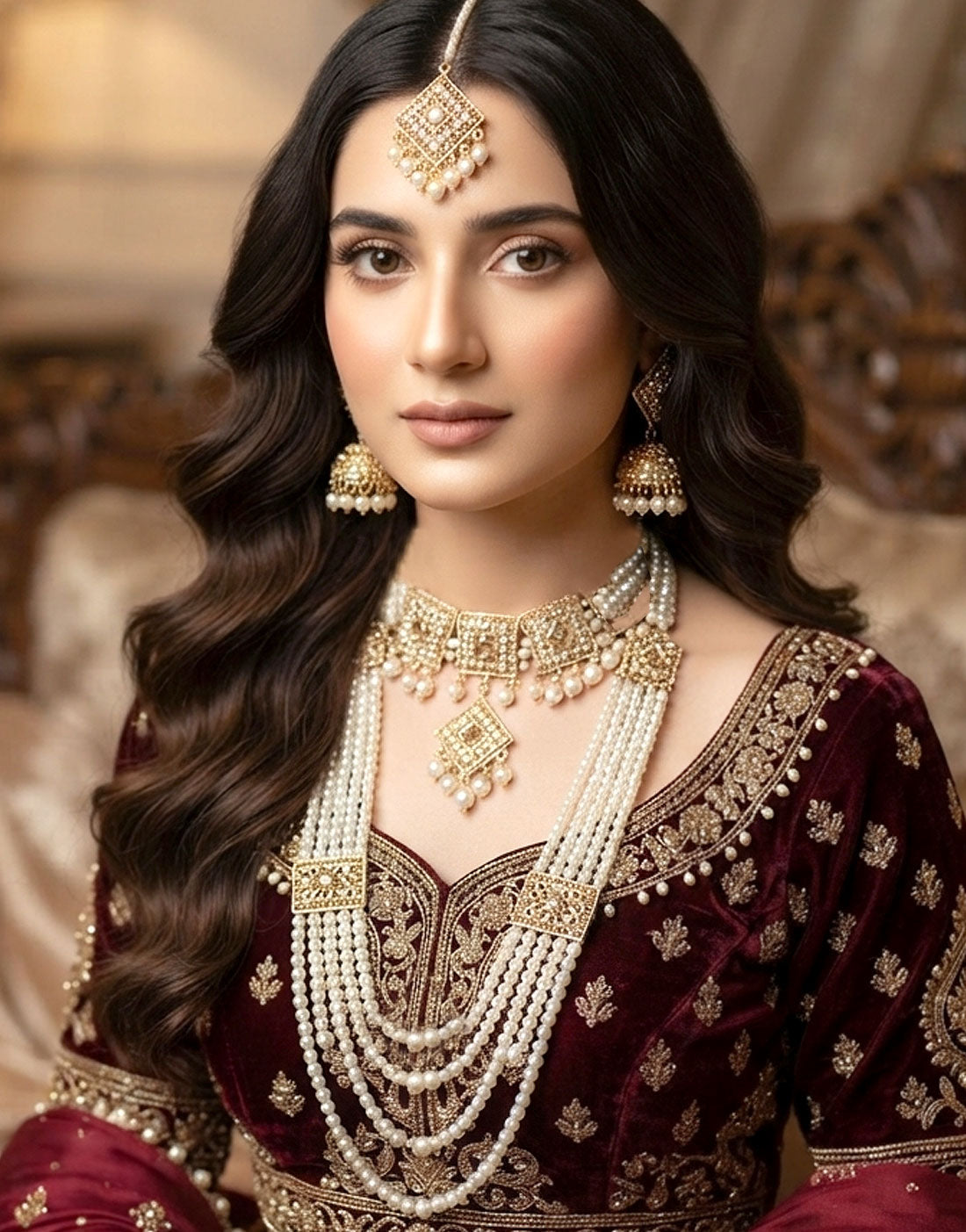 Bridal Pearl Mala and Choker Set with Earrings & Tikka Combo