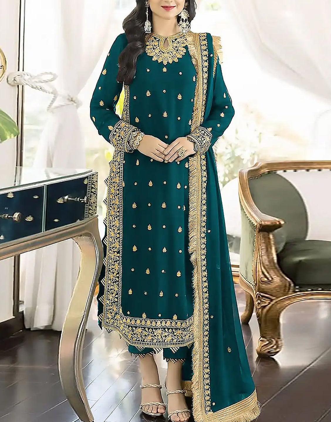 Heavy Embroidered Formal Chiffon Wedding Dress 