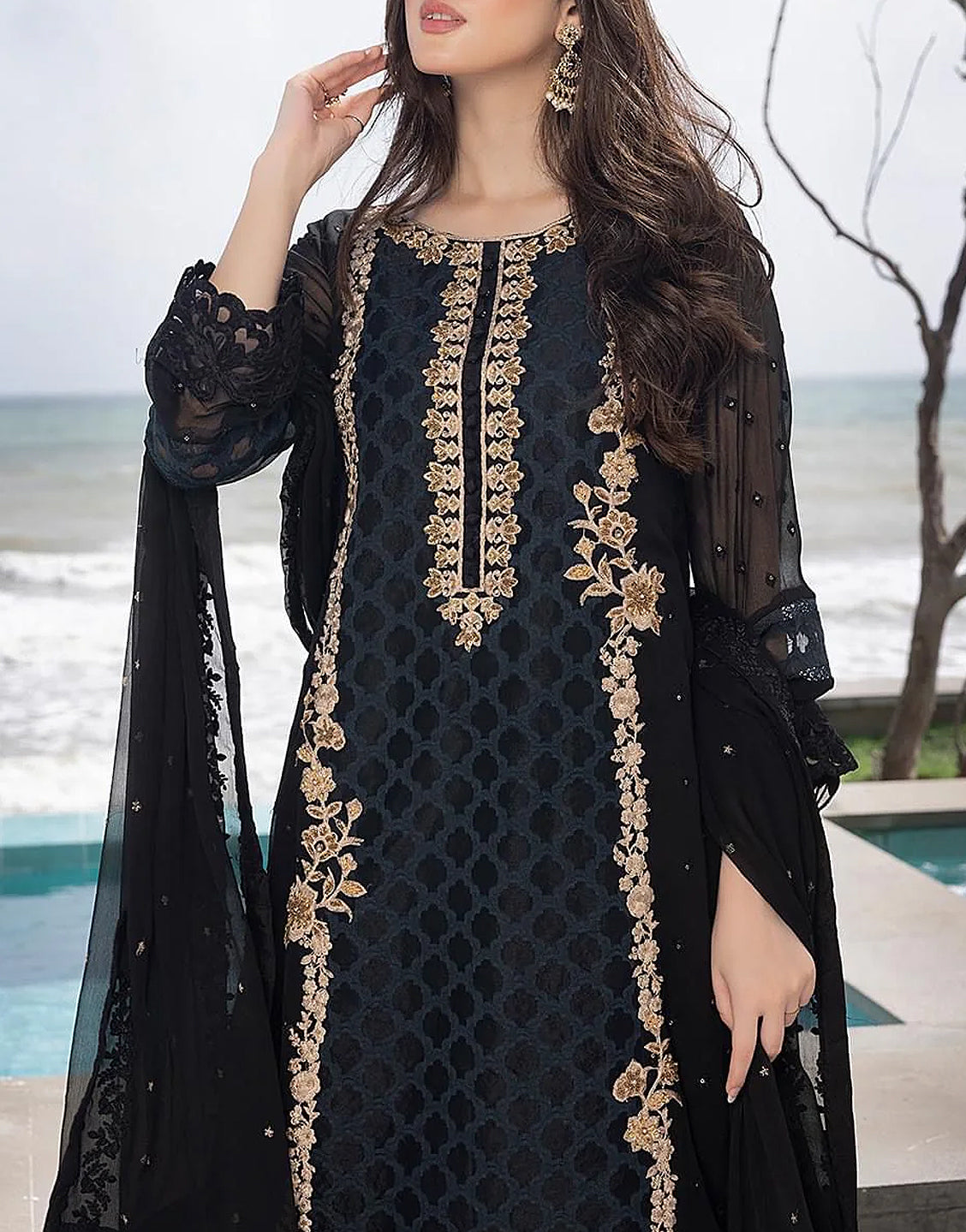 Adorable Heavy Embroidered Black Chiffon Wedding Dress