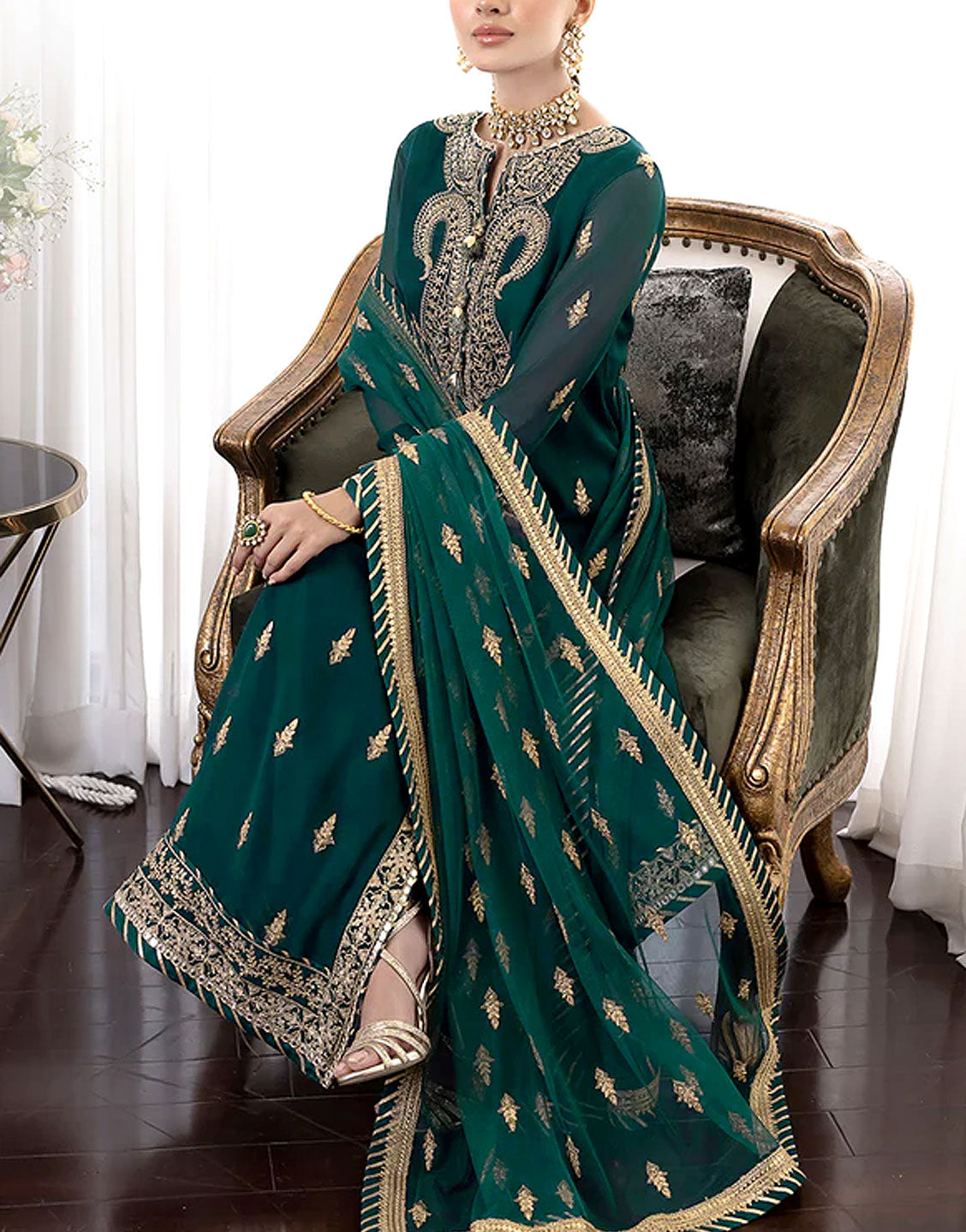 Embroidered Chiffon Wedding Dress with Embroidered Net Dupatta