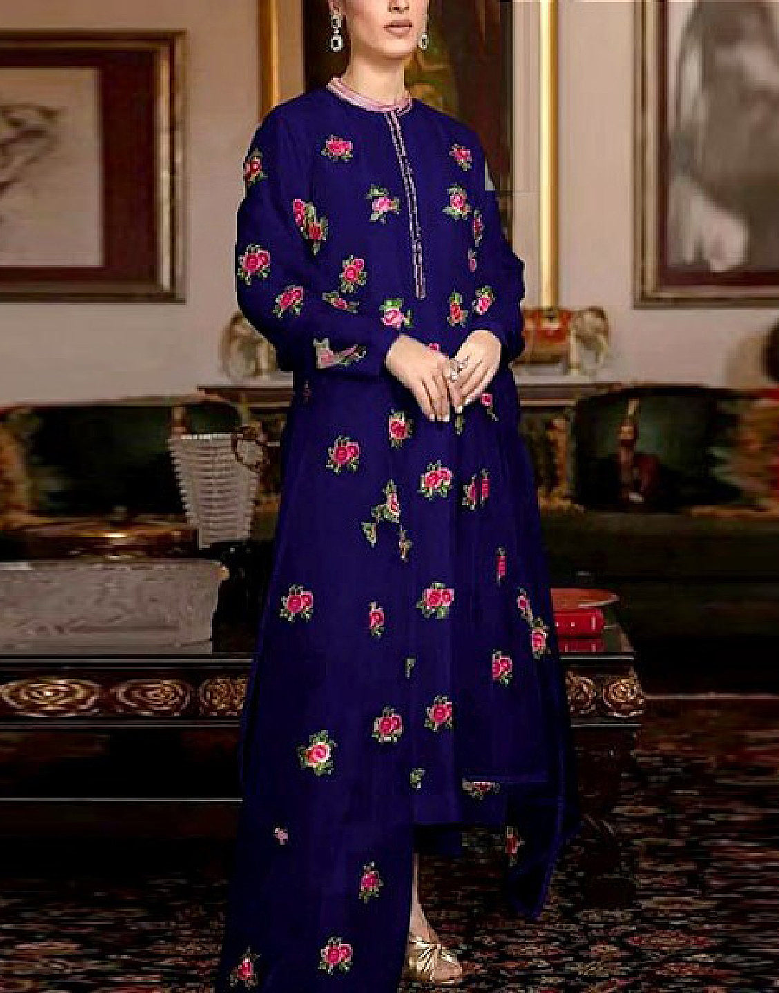 Readymade 3-Piece Embroidered Shamoz Silk Dress with Emb. Organza Dupatta