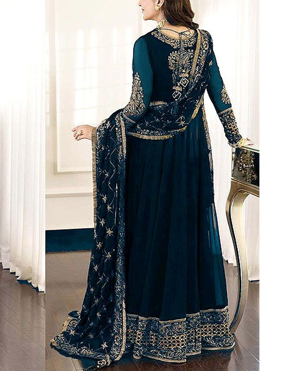 Elegant Embroidered Blue Chiffon Maxi Dress with Embroidered Net Dupatta