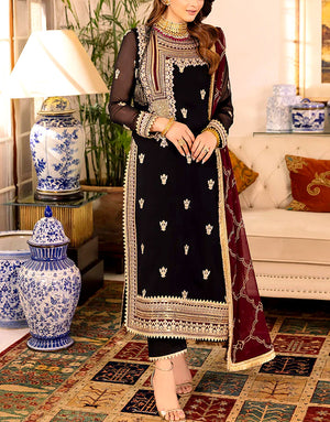 Elegant Embroidered Black Chiffon Party Wear Dress 
