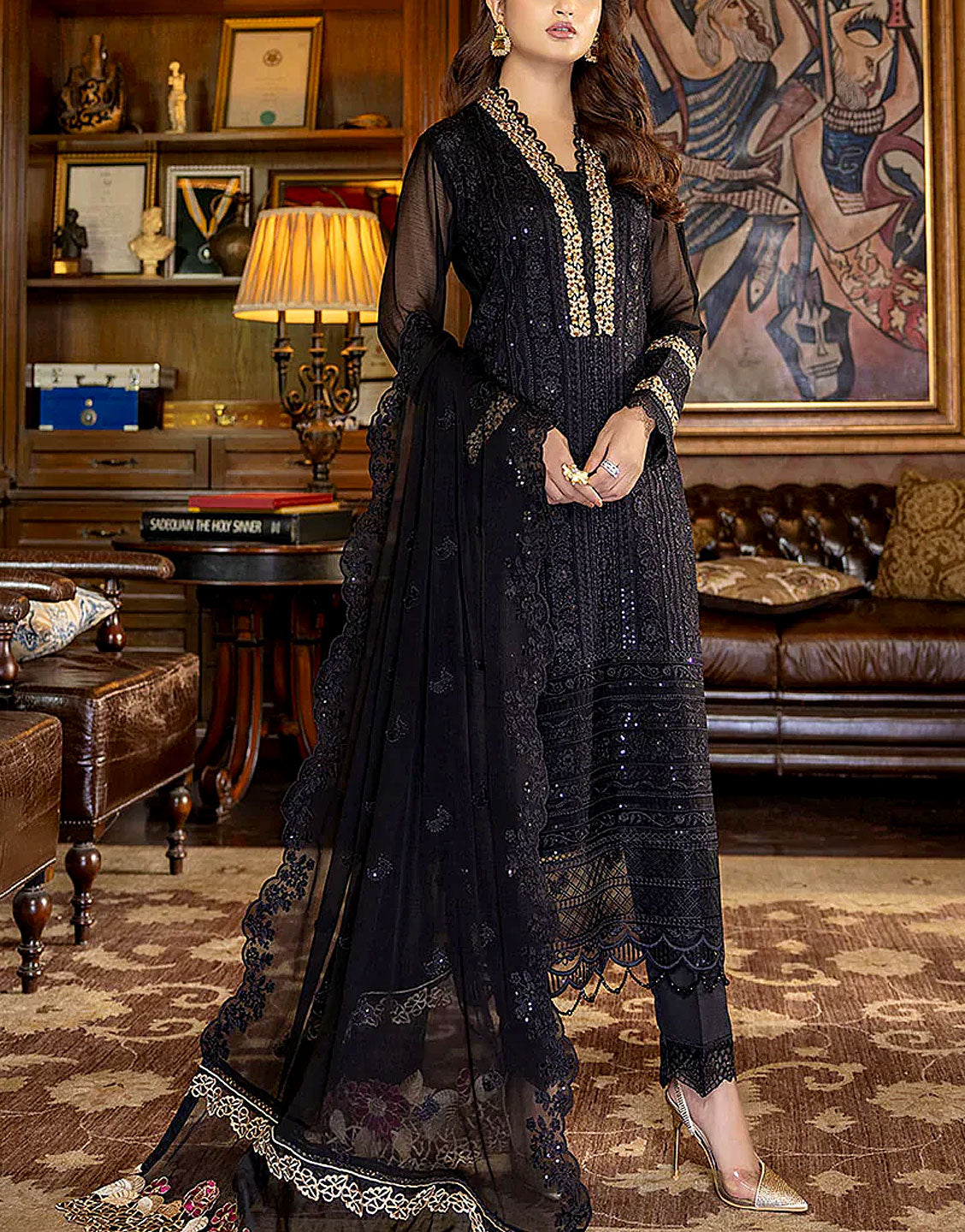 Heavy Embroidered Black Chiffon Wedding Dress 