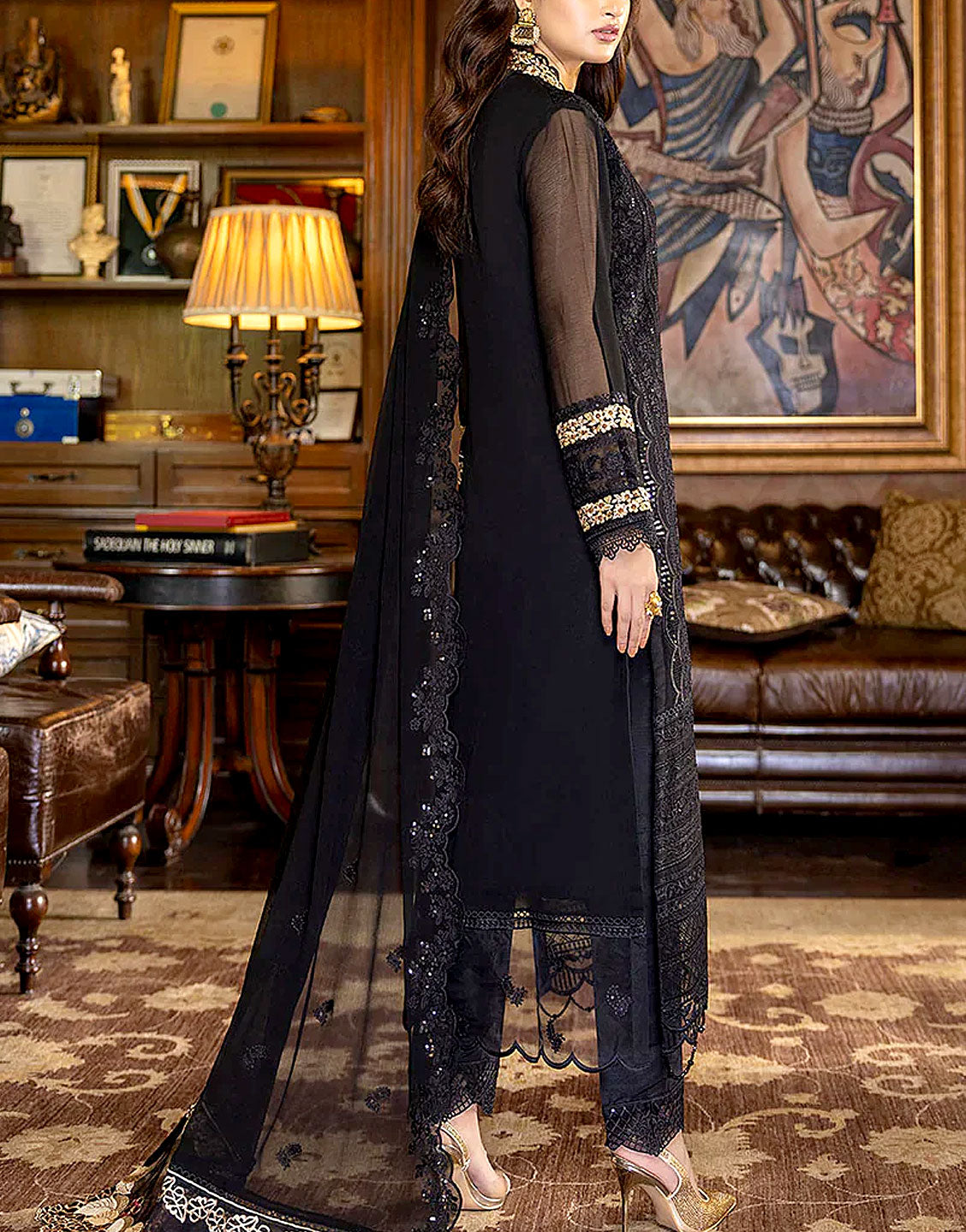 Heavy Embroidered Black Chiffon Wedding Dress