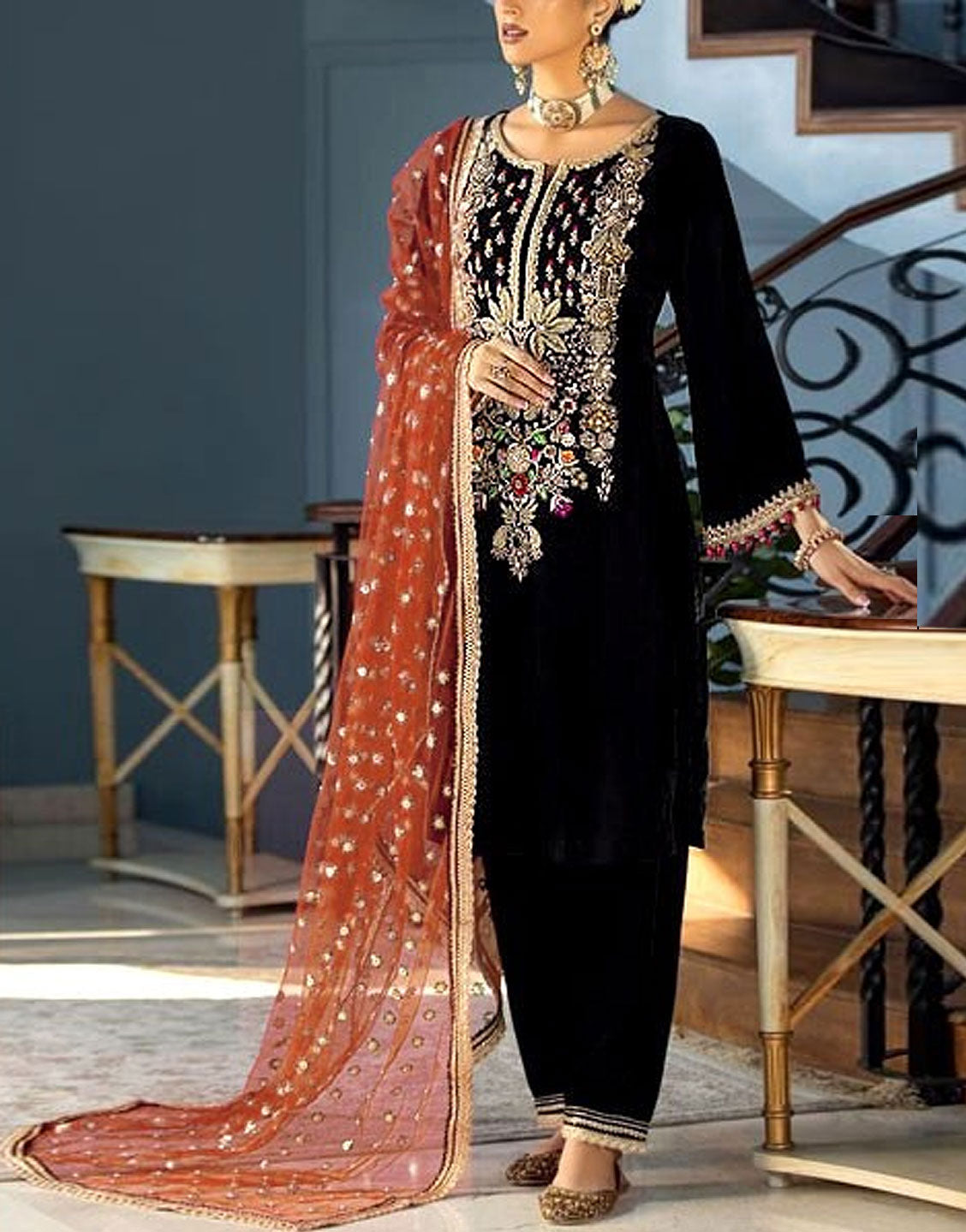 Glamorous Handwork & Heavy Embroidered Black Velvet Wedding Dress 